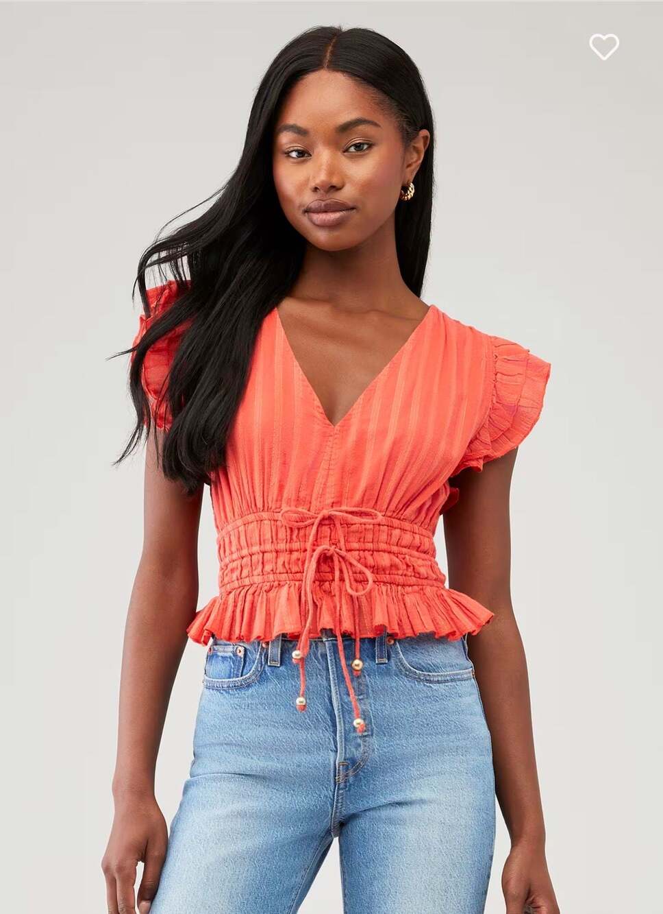 Karina Grimaldi Raffa Metallic V-Neck Flutter Sleeve Peplum Top Coral Gold